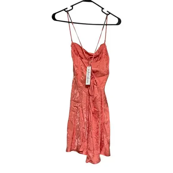 For Love & Lemons Gabrielle Floral Satin Jacquard Slip Mini Dress Peach Pink S - Picture 3 of 10